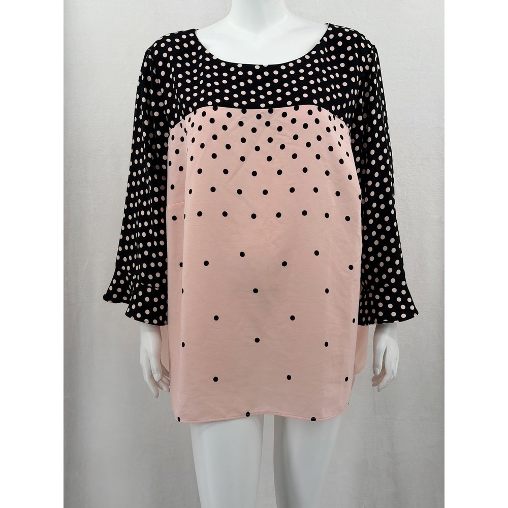 Talbots Top Womens 3X Pink Black Polka Dot Bell Sleeve Color Block Preppy Office